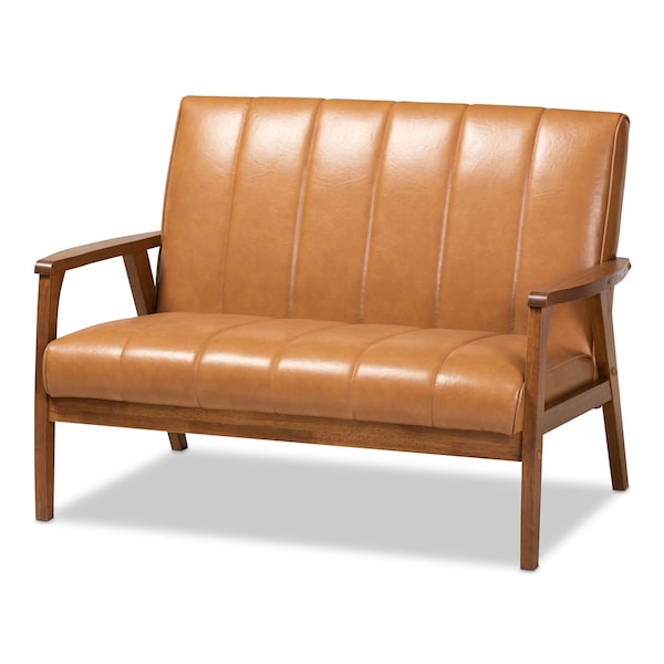 Baxton Studio Nikko Mid-century Modern Tan Faux Leather and Walnut Brown finished Wood Loveseat 175-10975-Zoro - main